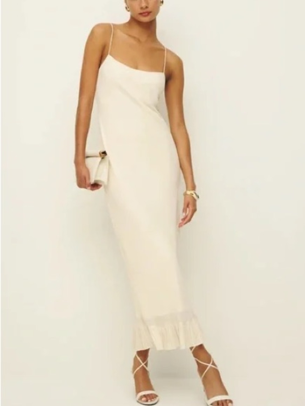 Reformation Ivory Suki Feminine Timeless Ruffle Hem Midi Dress Size 0 - Picture 2 of 13